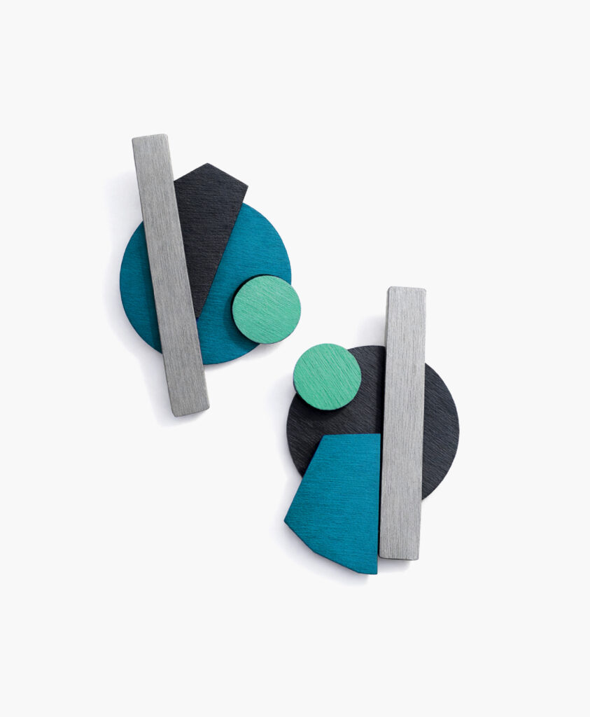 Turquoise and mint Bauhaus mismatched earrings in hand-painted wood