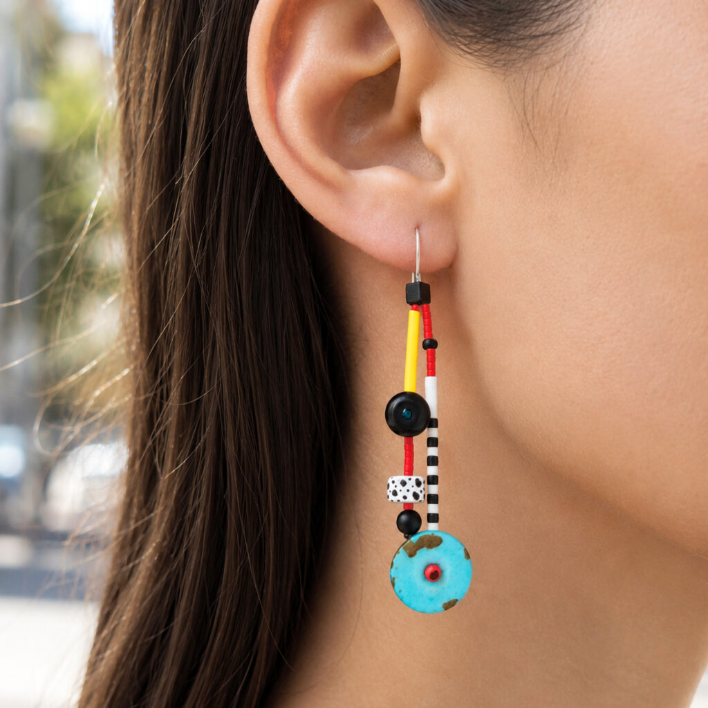 Turquoise beaded earring with red and yellow accents worn on the ear