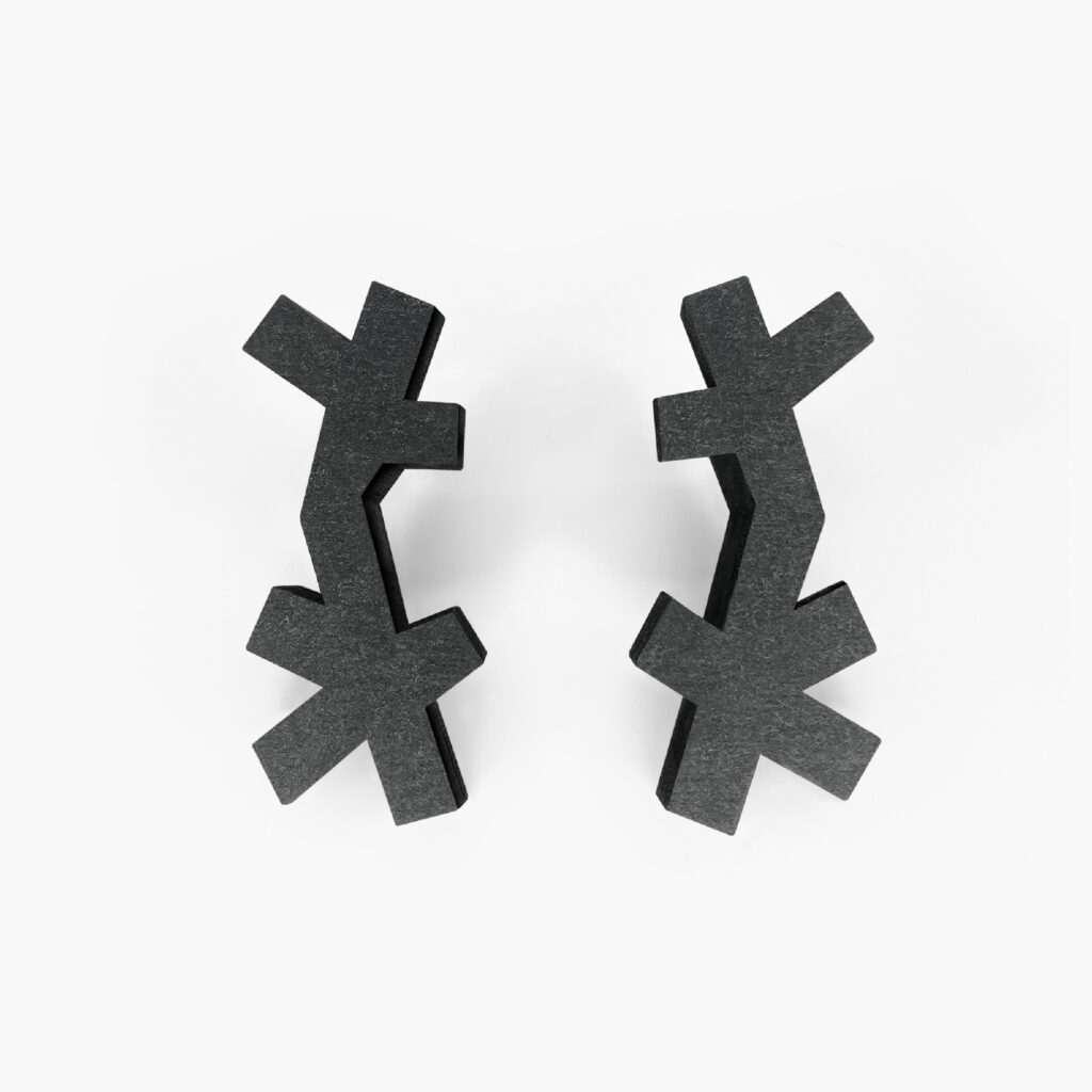 Pair of black abstract wooden dangle earrings with stacked cross-shaped elements