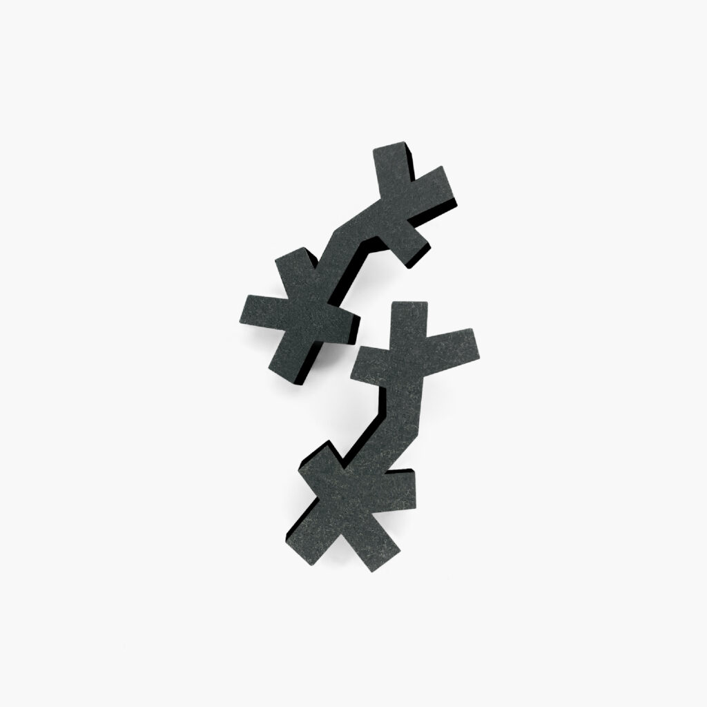 Long black geometric statement earrings with irregular cross-shaped wooden details