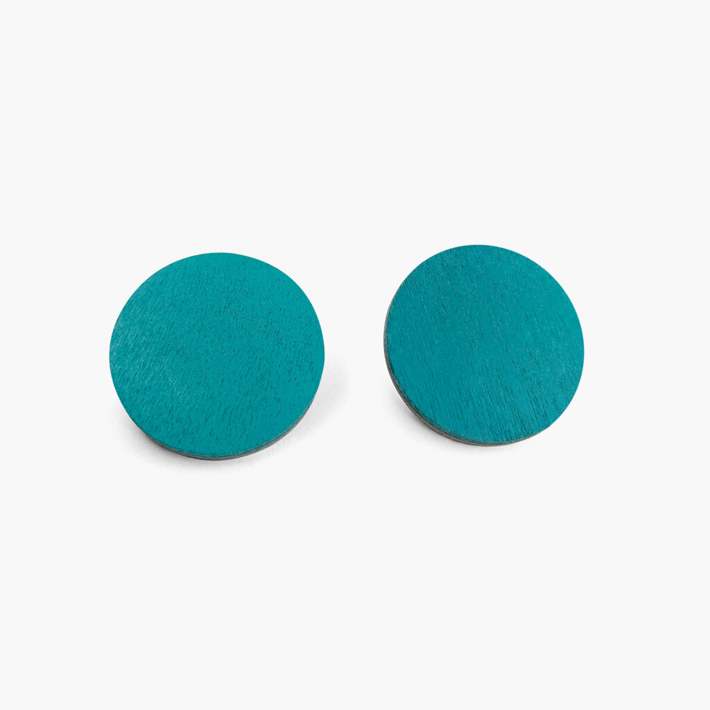 Pair of petrol blue round wooden stud earrings