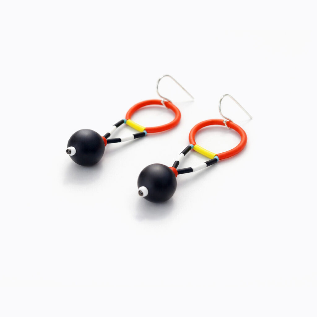 Red earrings with matte black round beads and sterling silver hooks