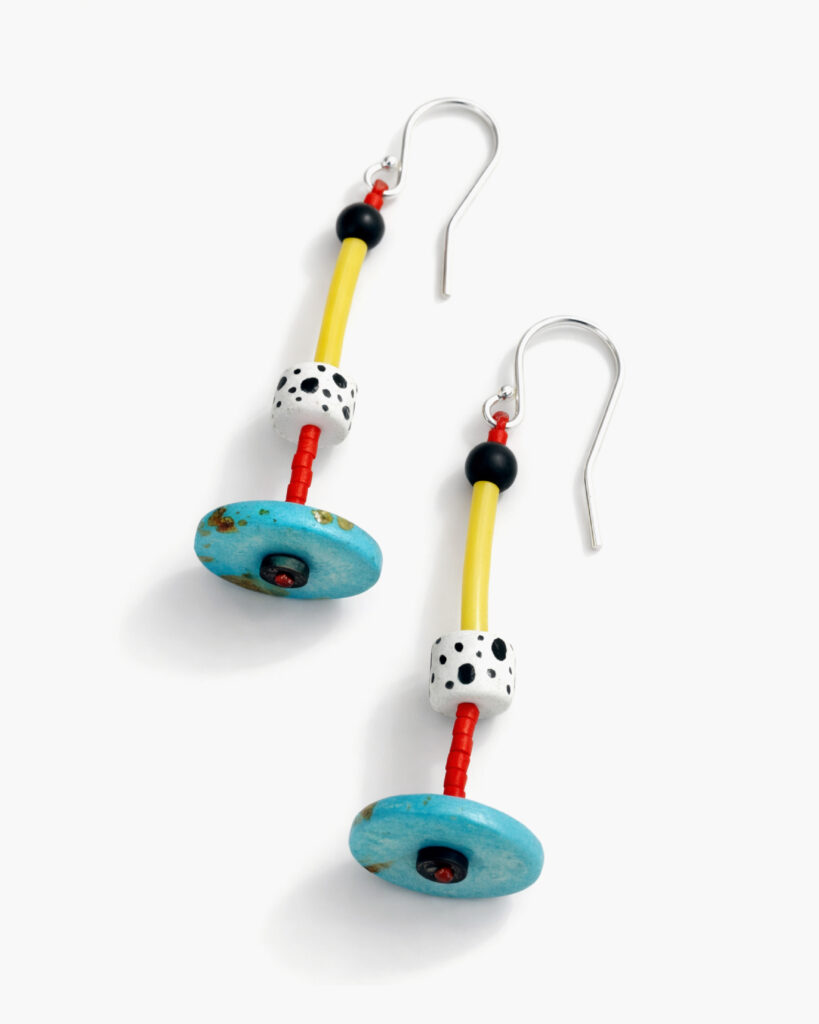 Long geometric dangle earrings with turquoise discs, yellow bars and red accents